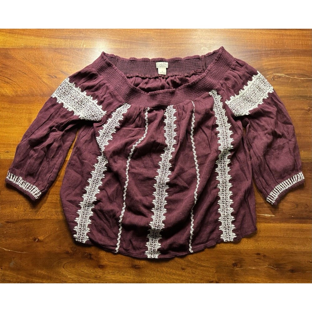 Lucky Brand Womens S Off The Shoulder Embroidered Peasant Blouse Maroon Burgundy